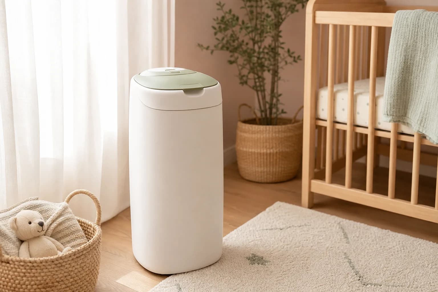 Nestora diaper pail in a beautiful nursery